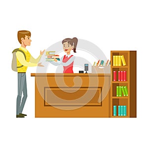 Man Taking The Books Fro The Librarian, Smiling Person In The Library Vector Illustration