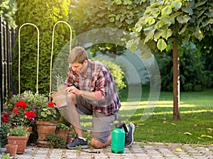 Man taking care of plants in garden photo