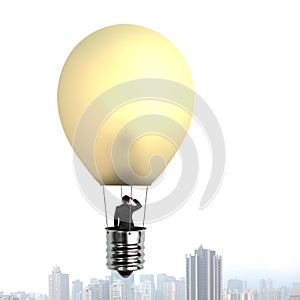 Man taking glowing lamp balloon floating over city building photo