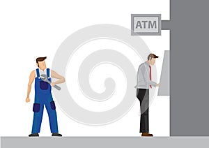 Man taking money from the ATM while someone is behind going to rob him. Concept of robbery and criminal activities