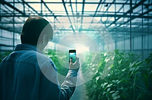 Man taking photo of indoor plants greenhouse. Generate ai