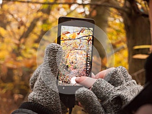 Man taking a picture with camera smart phone touch screen nature