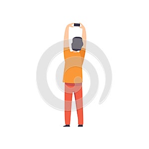 Man Taking Pictures with Raised Hands at Open Air Festival, Back View, Outdoor Summer Concert Vector Illustration