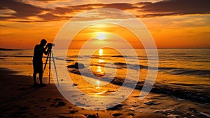 A man taking pictures of the sunset on the beach, AI