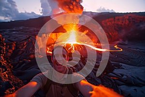 man taking a selfie with the glowing mouth of a volcano behind