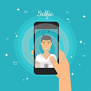 Man Taking Selfie Photo on Smart Phone. Self portrait picture