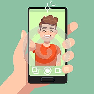 Man taking selfie photo on smartphone. Smiling male character making selfie photo with smartphone camera in hand flat