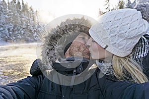 Man Taking Selfie Photo Young Romantic Couple Forest Outdoor