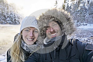 Man Taking Selfie Photo Young Romantic Couple Forest Outdoor