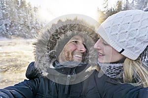 Man Taking Selfie Photo Young Romantic Couple Forest Outdoor