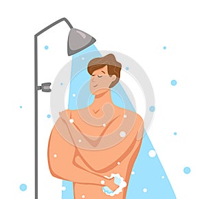 Man taking shower in bathroom. Vector illustration of happy guy washing himself with shampoo and soap.