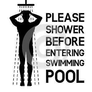 Man taking shower. Sign please take shower before the swimming pool