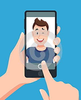 Man taking smartphone selfie portrait. Touching telephone photo cartoon vector illustration