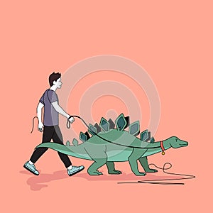 A Man Taking A Stegosaurus Dinosaur For A Walk
