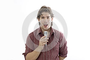 Man talking by microphone