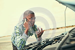 Man, talking and phone call for car problem on road, app and roadside assistance for auto service. Person, battery and