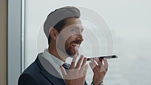Man talking phone office close up. Businessman negotiate virtual conversation