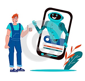 Man talking with robot assistant online, cartoon vector illustration isolated