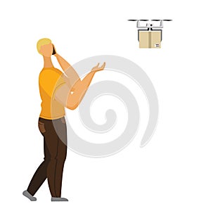 Man talking smartphone picks up the parcel delivered by the drone. Drone delievery concept. Isolated on white background
