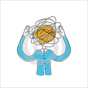 Man with tangled ball in his head. Concept of anxiety, panic attack