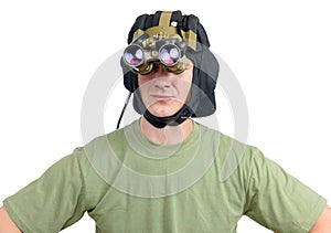 Man with a tank a night vision device on white background photo