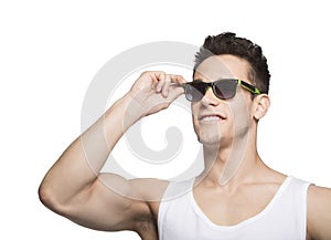 Man In Tanktop Holding Goggle photo