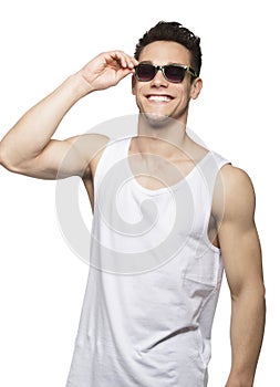 Man In Tanktop Holding Goggle photo