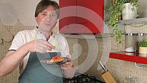 A man taste a typical dish of Puglia friselle