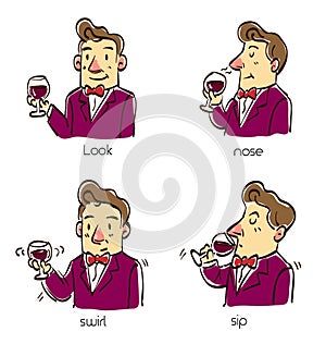 A man taste wine in four steps method.