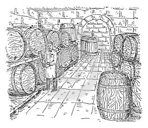 Man tastes wine in cellar with wooden barrels. Vintage hatching illustration.
