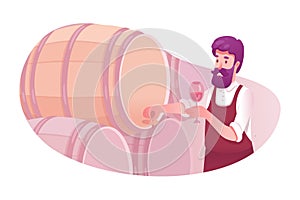 Man tasting wine from barrel vector illustration