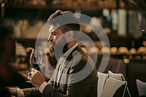 Man tasting wine in restaurant or bar interior