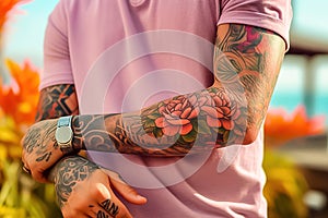 A man with tattoos on his arms. Generative AI