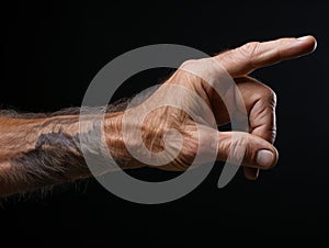 A man with tattoos on his hand pointing at something