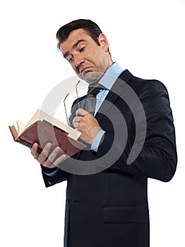 Man teacher reading holding old book thinking