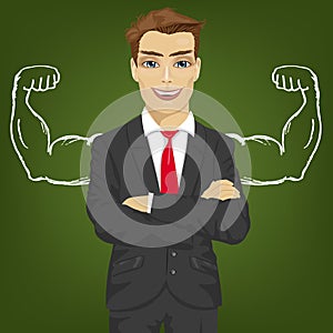 Man teacher, salesman or businessman with chalk healthy strong arm muscles for success