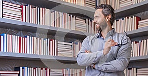 man teacher tutor at bookstore library getting knowledge and education at teachers day as university student