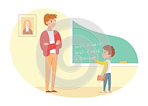 Man teaching maths lesson in class, boy answering at blackboard. Teacher in education vector illustration. Young man