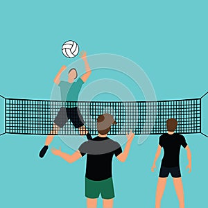 Man team play volley ball in court with net jumping smashing defense sport