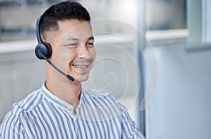 Man, telemarketing and headset at computer or call centre for technical support, solution or crm. Male person, face and