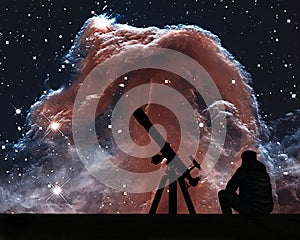 Man with telescope looking at the stars. The Horsehead Nebula