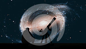 Man with telescope looking at the stars. Spiral galaxy