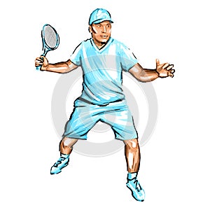 Man tennis player vector silhouette isolated on white background.