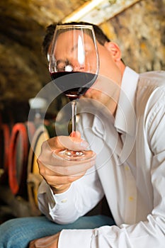 Man testing wine in background barrels