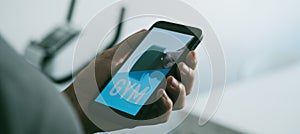 Man and text gym in his smartphone, web banner