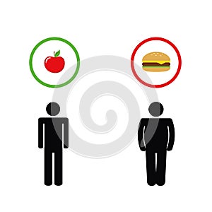 Man think about healthy apple and unhealthy fast food pictogram