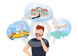 Man think about house, car and vacation on the sea. Male character dream about wealth. Flat vector illustration