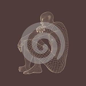 Man in a Thinker Pose. 3D Model of Man. Geometric Design. Human Body Wire Model.