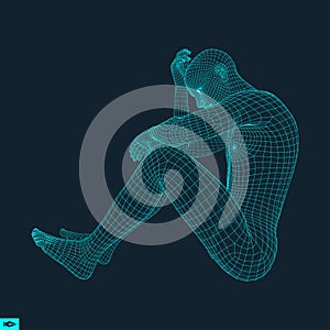 Man in a Thinker Pose. 3D Model of Man. Geometric Design. Human Body Wire Model. Business, Science, Psychology or Philosophy