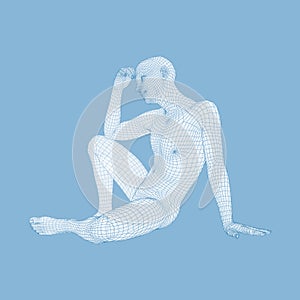 Man in a Thinker Pose. 3D Model of Man. Geometric Design. Human Body Wire Model. Business, Science, Psychology or Philosophy